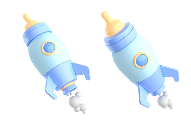 在孤立的背景上设置火箭形状的蓝色奶瓶。新生儿的概念。父母隐喻，揭示关怀与营养的概念。三维渲染图片下载