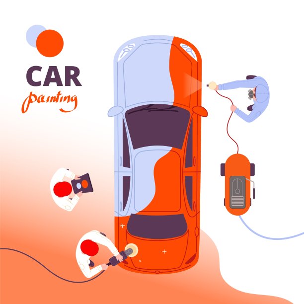 画身体的车。汽车机械喷涂机上油漆，汽车工业喷枪喷枪保护保养抛光汽车车间，精彩矢量插图图片下载