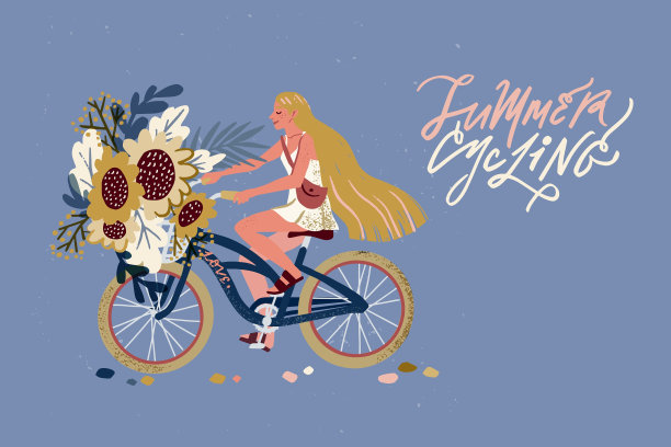 可爱的女自行车手。平面卡通矢量插图。图片下载