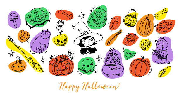 万圣节横幅，贺卡，海报与可爱的插图设置。万圣节主题可爱的图片图片下载