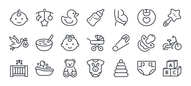 婴儿护理可编辑描边轮廓图标设置孤立的白色背景平面矢量插图。像素完美。64 x 64。图片下载