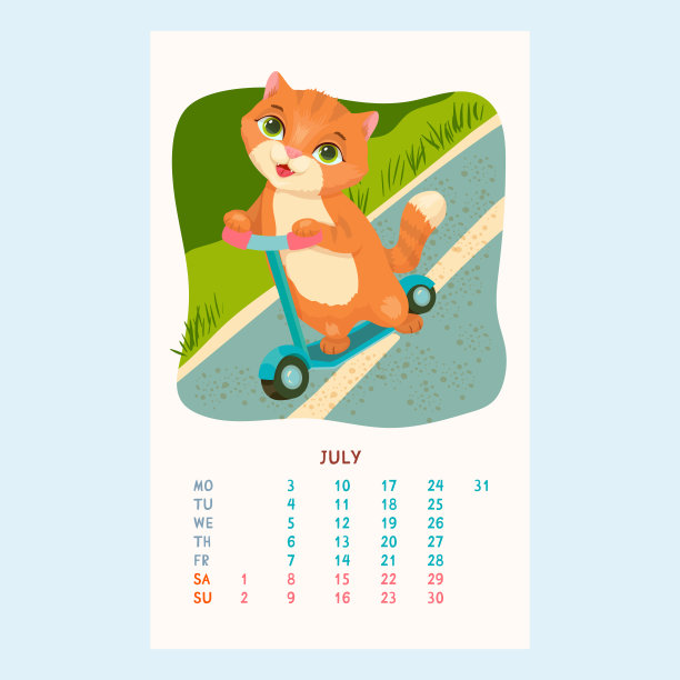 2023年的日历上有可爱的猫。粗鲁的小猫骑着蓝色的滑板车。宠物。毛茸茸的朋友。日历七月卡通风格。矢量插图。图片下载