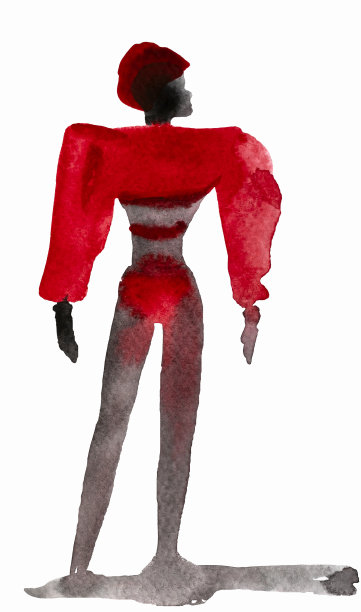 水彩剪影一个深色皮肤的女孩在时尚的明亮的衣服。手绘画。时尚与美容插画。草图。孤立在白色背景上图片下载