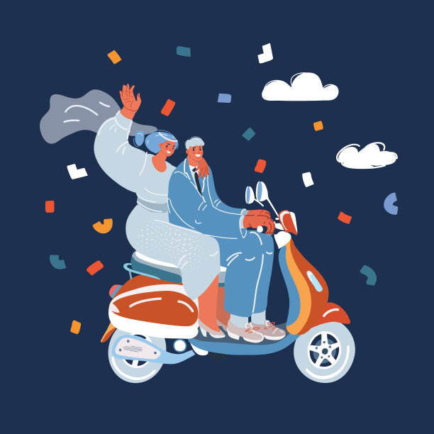 矢量卡通插画，快乐的女人骑着摩托车在街上高速行驶图片下载