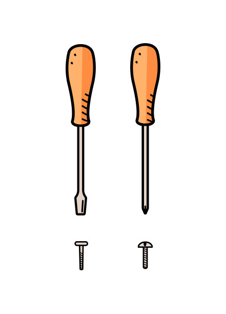 螺丝刀和螺丝，一套涂鸦施工工具，矢量插图在白色图片下载