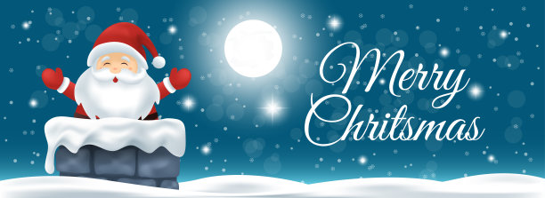圣诞快乐的背景与圣诞老人从烟囱里出来，在满月的夜晚，有雪和星星。3D圣诞祝福横幅图片下载