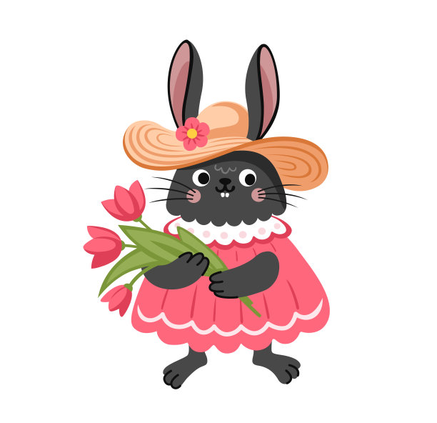 可爱的兔子带着一束花。兔子穿着粉红色的夏装。图片下载