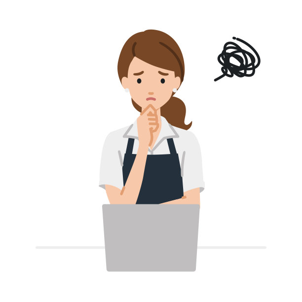 一个女人在咖啡馆围裙使用笔记本电脑有麻烦她的手指在她的桌子上的下巴图片下载