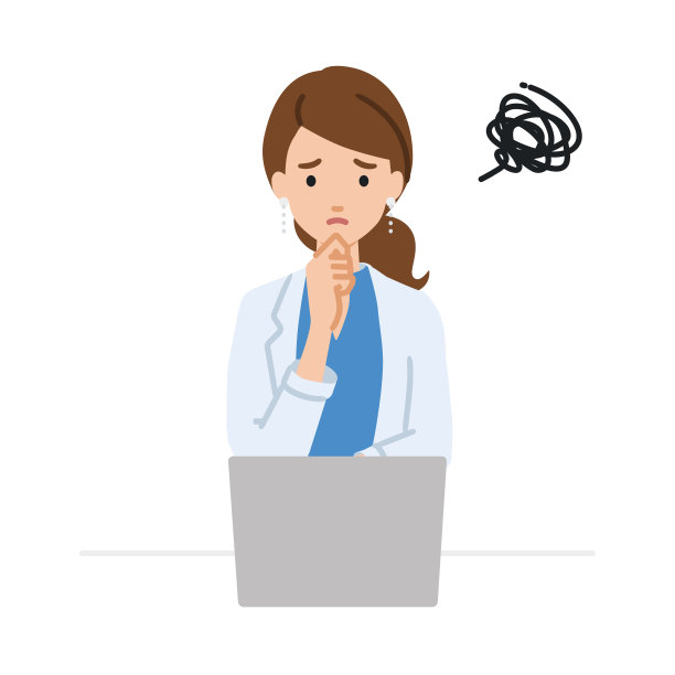 一名穿着工作夹克的女性在使用笔记本电脑时，手指在办公桌前的下巴上碰到了麻烦图片下载