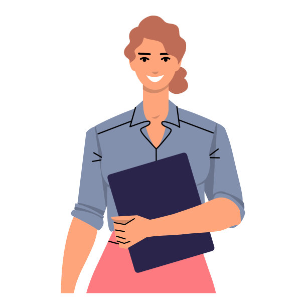 年轻的女商人手里拿着平板电脑、文件夹或笔记本电脑。微笑,成功的女人。女领导、女老师、女经理。图片下载