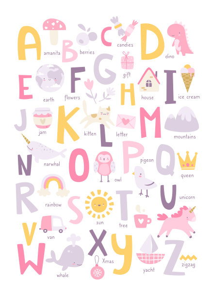 可爱的女孩英语字母与天真的涂鸦图片的孩子。Abc幼儿园学习卡通海报。图片下载