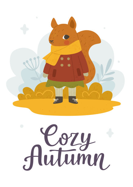 秋天的海报，可爱的松鼠穿着外套。舒适的秋天卡片，穿着小松鼠和书法字母。图片下载