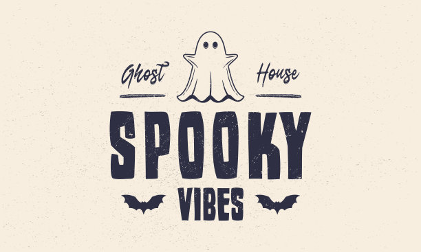 万圣节复古标签，徽章。鬼屋的标志与垃圾的纹理。鬼的图标。潮人的设计。打印的t恤。矢量图图片下载