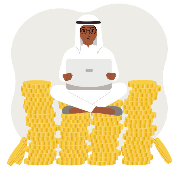 一个穆斯林男子坐在一堆金币上图片下载
