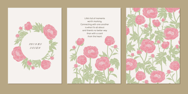 鲜花牡丹贺卡模板在最小的线条艺术风格。封面、无缝背景、边框。矢量图图片下载