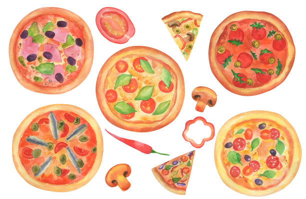 一套水彩不同的披萨，切片西红柿和蘑菇冠军。俯视图披萨与番茄和橄榄。整个意大利披萨图片下载