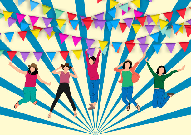 绘图组妇女跳跃与太阳爆发与旗帜和丝带矢量插图图片下载