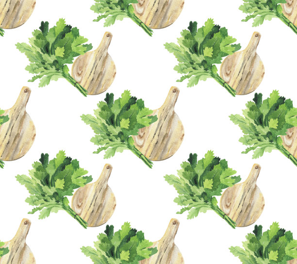 拳。无缝图案与新鲜的一束绿色调料和木制砧板。厨房，壁纸和纺织品的明亮背景。多汁蔬菜的水彩画。图片下载