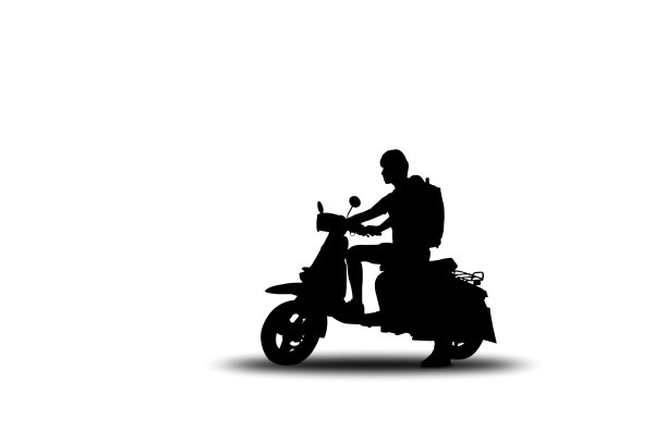 白色背景上一个坐在摩托车上的剪影。图片下载
