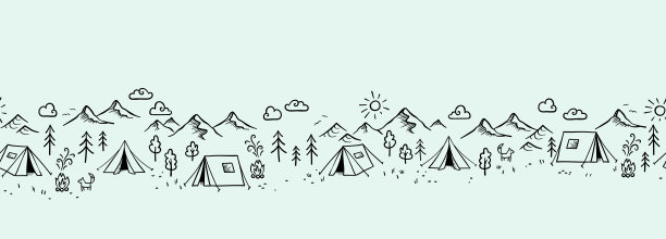 可爱的手绘矢量露营无缝模式，伟大的纺织品，横幅，壁纸-涂鸦帐篷，树，山图片下载