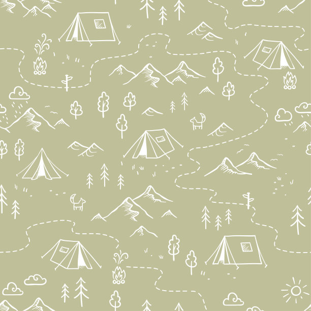可爱的手绘矢量露营无缝模式，伟大的纺织品，横幅，壁纸-涂鸦帐篷，树，山图片下载