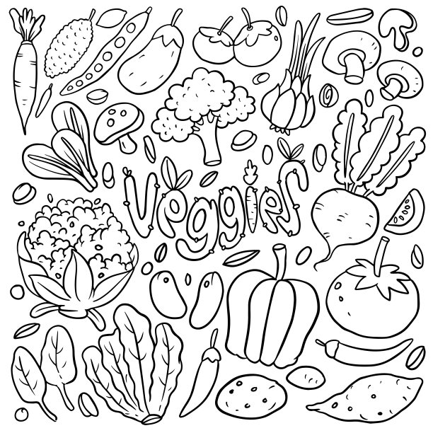 一套纯素食品在白色背景上孤立的涂鸦风格，矢量手绘一套蔬菜主题。矢量图图片下载