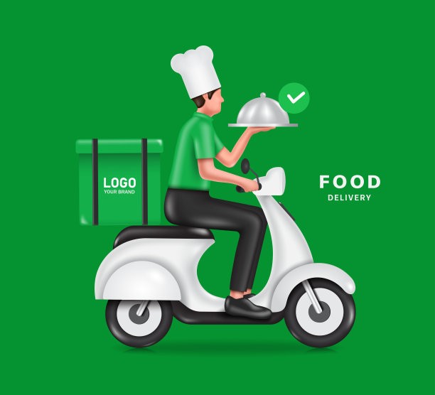 戴着厨房帽的厨师正拿着有盖的食物，开着摩托车或小摩托送餐给顾客图片下载