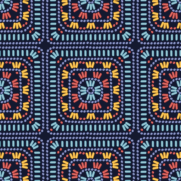 奶奶平方钩针。彩色针织方形无缝图案。钩针舒适的毛毯。老式的彩色背景非常适合格子和枕头。针织矢量图图片下载