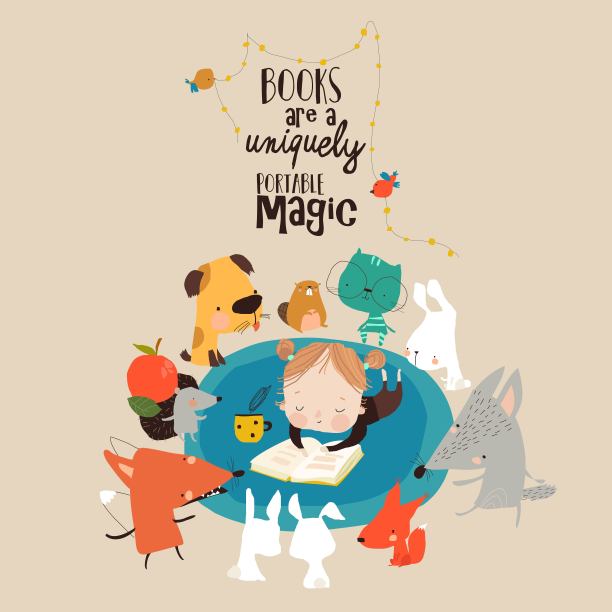 可爱的女孩在读一本有趣的动物图片下载