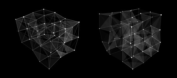 从不同侧面变形的线框立方体。矢量抽象几何三维对象。技术区块链网络连接。图片下载