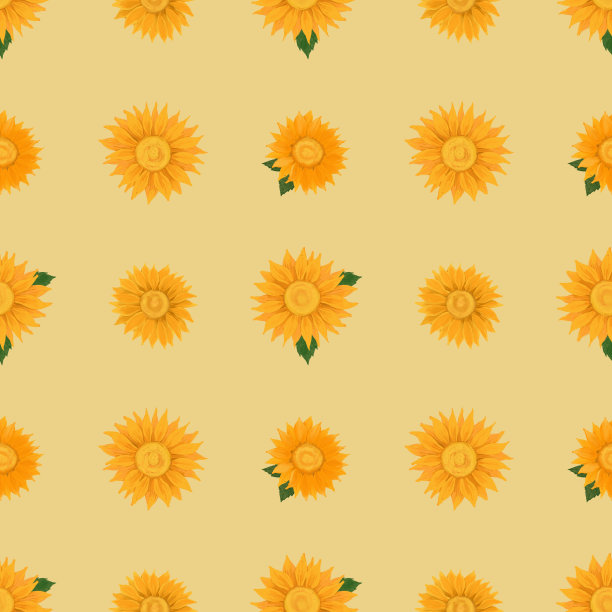插图无缝图案绘制黄色花瓣向日葵盛开，几何格子重复图案排列在黄色背景时装面料纺织品，墙纸，包装纸图片下载