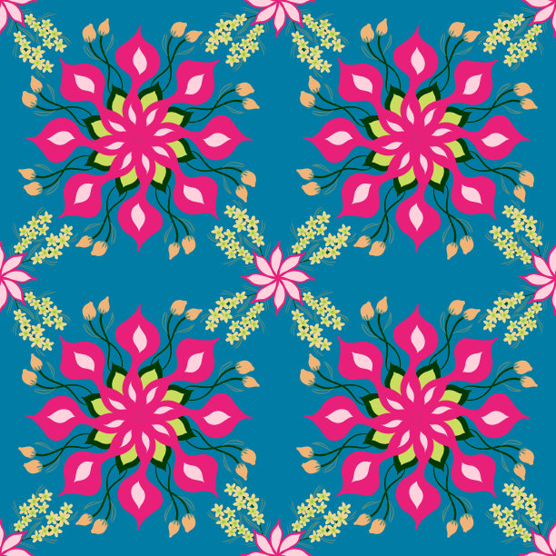 复古粉色花圈插画无缝图案在蓝色背景上，抽象植物安排曼陀罗重复图案服装时装面料纺织品印刷，墙纸，包装纸图片下载