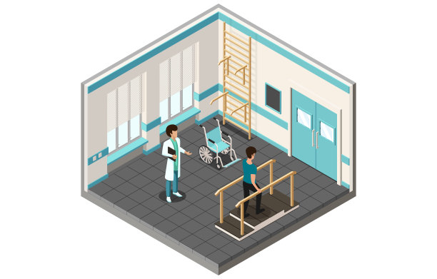 医疗保健和医学概念。实习康复医师在临床中使用康复设备对病人进行操作。病人在康复台阶平台上。等距三维矢量插图图片下载