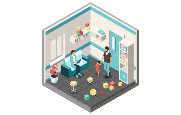 儿童疫苗、保健和医学概念。儿科医生准备在医院检查女婴。父亲带着女儿去看医生。等距三维矢量插图图片下载