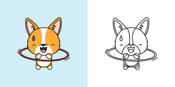 可爱的Clipart柯基狗运动员插图和着色页。卡通狗的运动员。矢量插画卡哇伊动物贴纸，婴儿淋浴，着色页，衣服的打印。图片下载