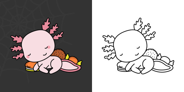 设置剪贴画万圣节蝾螈着色页和彩色插图。卡哇伊万圣节动物。可爱的矢量插画卡哇伊万圣节动物与糖果。图片下载