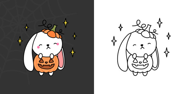 剪纸艺术万圣节兔子多色和黑色和白色。可爱的剪贴画万圣节兔子。可爱的矢量插画:卡哇伊万圣节兔子在南瓜里。图片下载