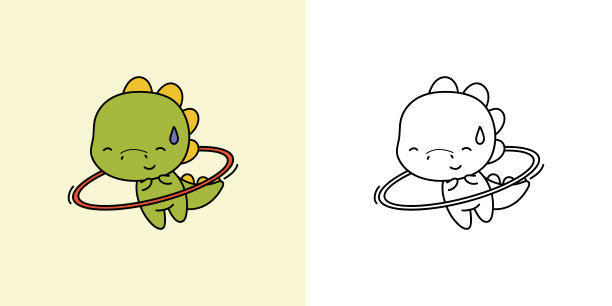 Clipart Dino运动员彩色和黑色和白色。可爱的狐狸恐龙运动员。矢量插画卡哇伊动物贴纸，婴儿淋浴，着色页，衣服的打印。图片下载