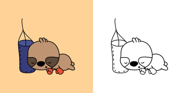 树懒运动员为着色页和彩色插图剪纸艺术。可爱的动物的运动员。向量插图卡哇伊动物着色页，为衣服打印，贴纸。图片下载