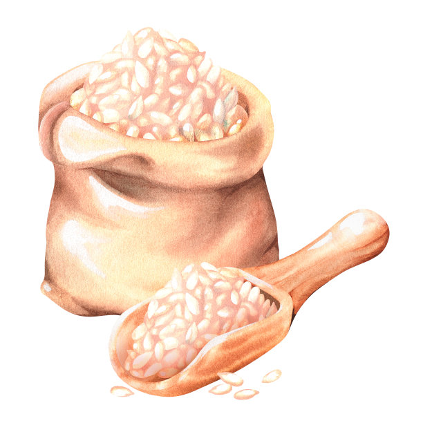 袋装粮食和木制食品勺。水彩插图。孤立在白色背景上。图片下载