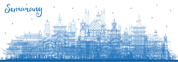 用蓝色勾勒出印尼三宝垄城市的天际线图片下载