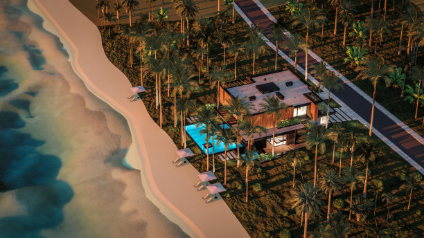 3d渲染现代住宅与木板立面的大海或海洋在日落图片下载