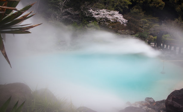 朦胧的蓝色温泉和樱花图片下载