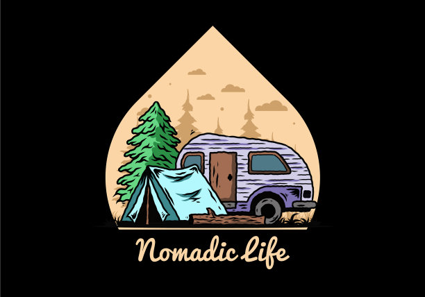 泪滴露营者和帐篷在松树前图片下载