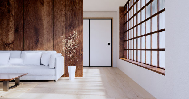 白色沙发日本房间日本热带设计和榻榻米地板。三维渲染图片下载