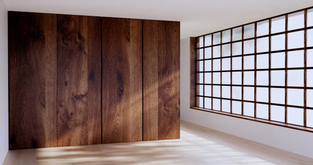 宽敞的生活区，豪华客房或酒店的日式装饰。三维渲染图片下载