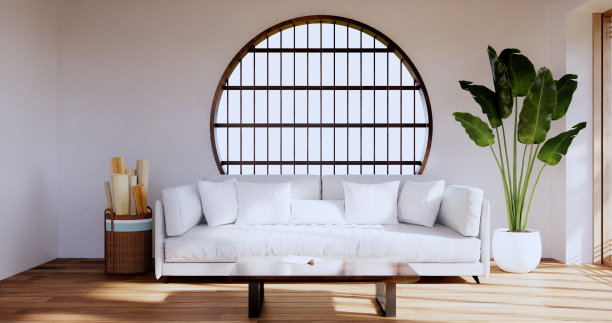 白色沙发日本房间日本热带设计和榻榻米地板。三维渲染图片下载