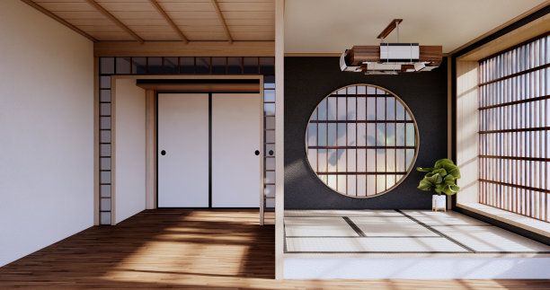 木质室内设计，日式禅意现代客厅。三维渲染图片下载