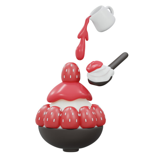 草莓冰素刨冰的3D渲染。3d渲染卡通风格。图片下载