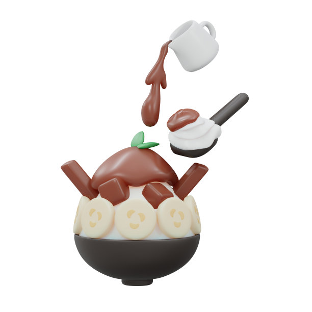 3D渲染巧克力香蕉冰素刨冰分离在白色。3d渲染卡通风格。图片下载